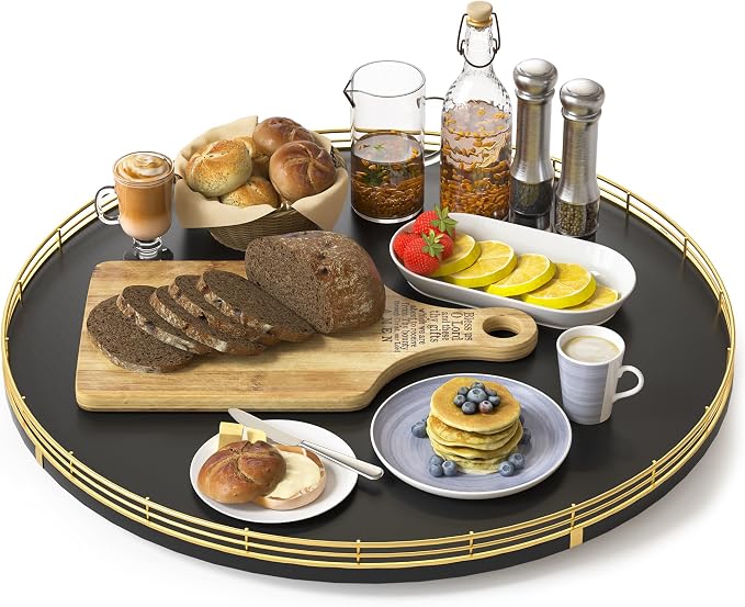 Oroyutor 18" Oak Wooden Lazy Susan Turntable for Dining Table, Large Round Lazy Susans Organizer for Kitchen Countertop, Tabletop 360°Rotating Tray for Spice Organization Gold Black Home Decor