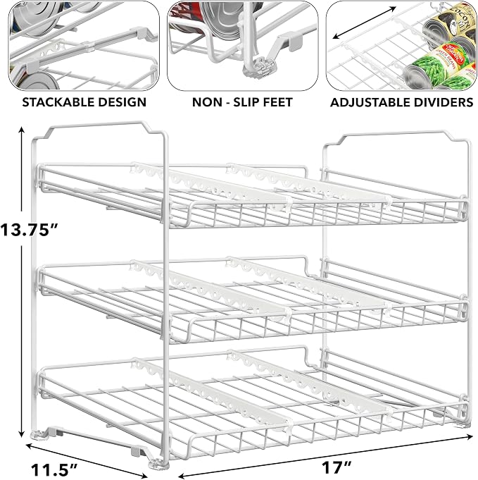 Simple Houseware 3-Tier Stackable Can Organizer Rack Hold 36 Cans, White | Can Food Storage Dispenser for Pantry/Cabinet, Adjustable Dividers – 11.5" D x 17" W x 13.75" H