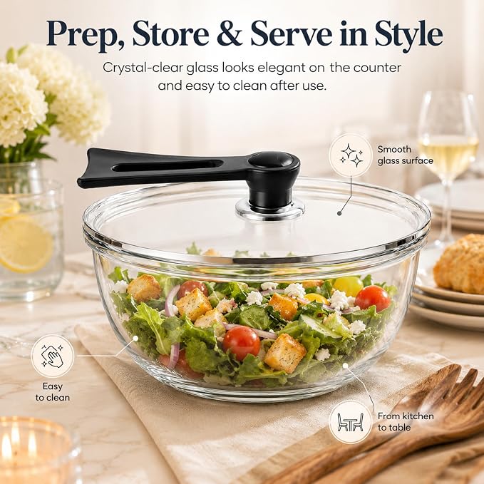 Large Glass Bowl for Sourdough Bread Making 6 QT Glass Mixing Bowl with Lid and Black Stand-Up Handle, Clear Sourdough Bread Proofing Bowl with Cover, Ideal for Baking, Meal Prep and Kitchen Storage