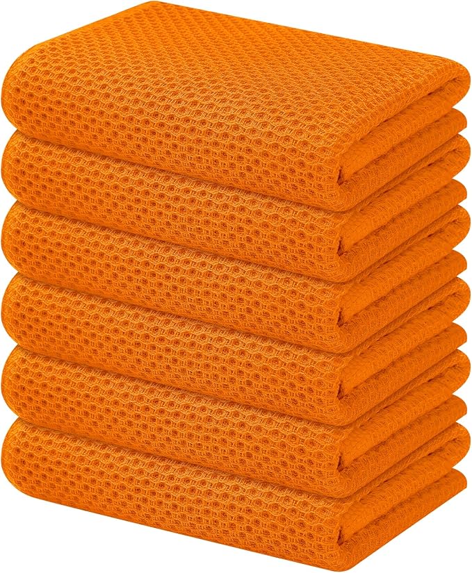 Kitinjoy 100% Cotton Waffle 6-Pack Kitchen Towels, 13" x 28", Orange | Super Soft, Ultra-Absorbent, Fast Drying, lightweight, Quick Drying Kitchen Hand Towels