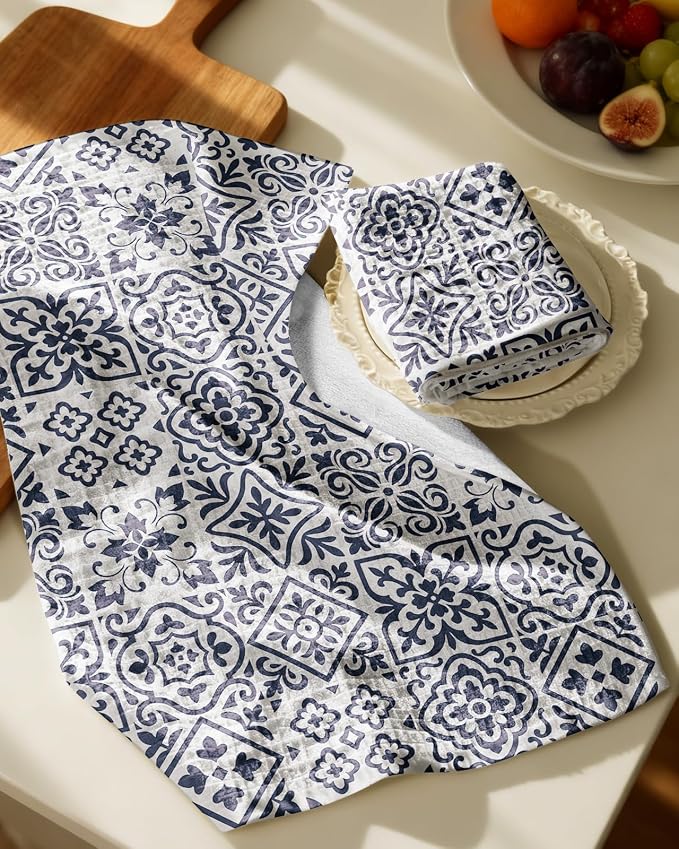 370GSM Cotton Waffle Kitchen Towels, Block Print | Pure Cotton, Sustainable, Waffle Weave, Terry Cloth, Highly Absorbent, Decorative, 16"x25", with Hanging Loop