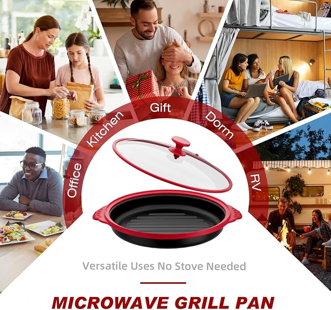 Microwave Grill Pan with Glass Splatter Cover（BPA Free） | Nonstick Microwave Crisper Pan & Cookware Accessories for Grilling Meat, Sandwich, Chicken Wings, Sausage,Dishwasher Safe