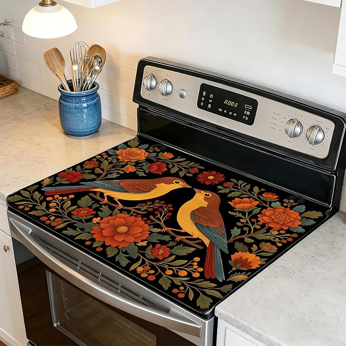 Vintage Birds Flowers Stove Top Covers for Electric Stove,Retro Glass Top Stove Cover, Heat Resistant Range Covers for Electric Stove,Washable Countertop Mat, 28 x 20 Inch