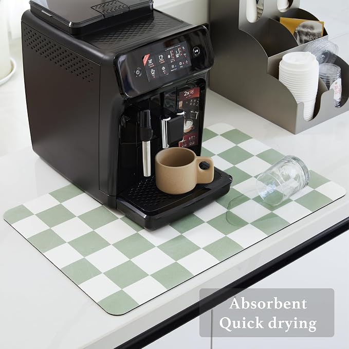 Ohocut Checkered Dish Drying Mat for Kitchen Counter, Coffee Bar Station Accessories, Retro Cute Aesthetic Modern Absorbent Drainer Mat Kitchen Drying Mat Easy Clean, Sage 12" x 19"