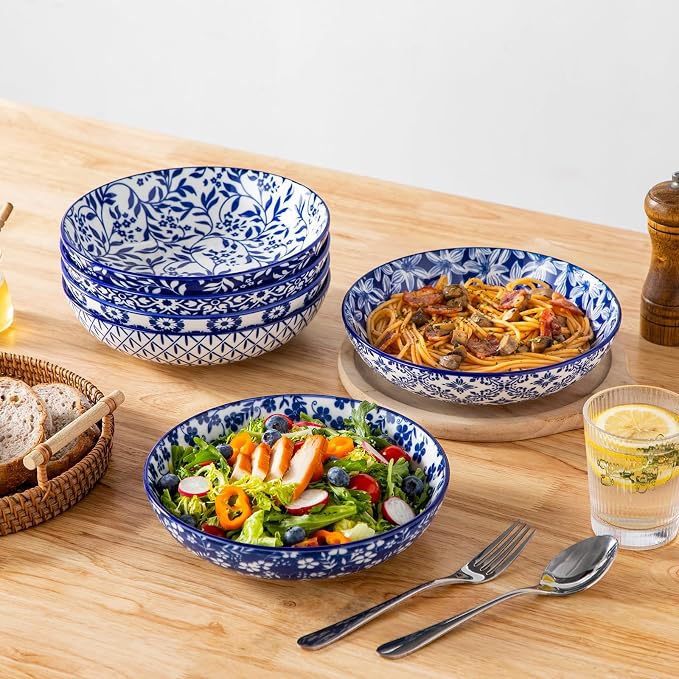 vancasso Selene 8.5" Pasta Bowls Set of 6, 40 oz Porcelain Shallow Salad Bowls, Serving Bowls Large Kitchen Bowl Plates Pasta Plates, Blue & White Floral Design, Microwave Safe