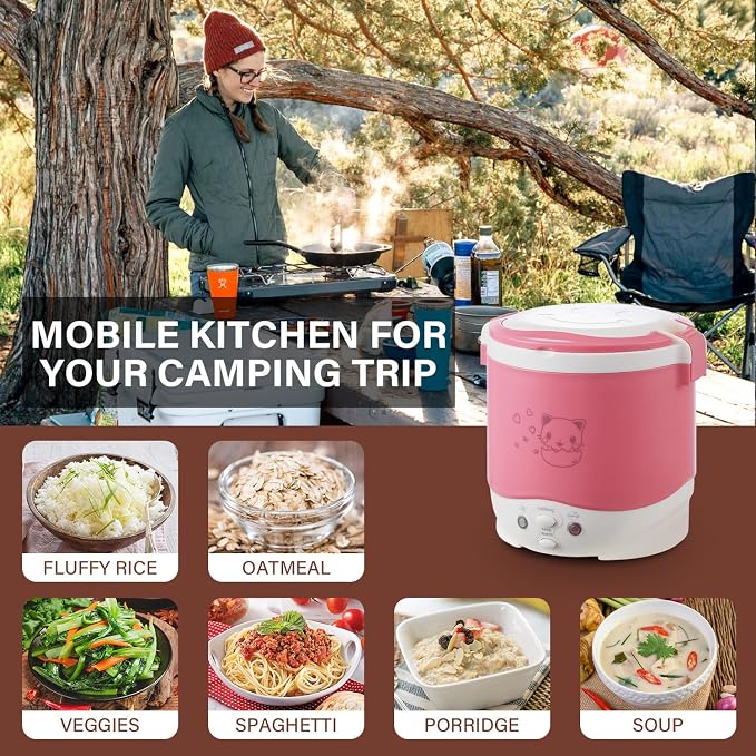 OSBA 12V Rice Cooker for Car 1L Mini Rice Cooker with Steamer, Pink | 2Cup Portable Travel Rice Cooker for 1-2 People, Cooking Heating & Auto Keeping Warm Function, Used as an Electric Lunch Box