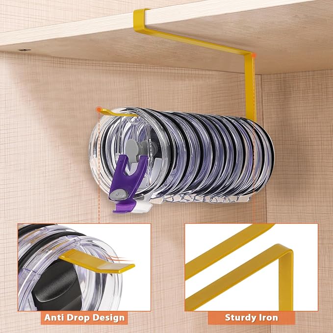 2 Pack Tumbler Lid Organizer, Versatile Tumbler Storage Holds 20 Lids Gold | Space Saving Cup Lid Organizers Inside Cabinet Tumbler Lid Hook for Kitchen Organizer and Storage, Paper Towel Rack Hanger