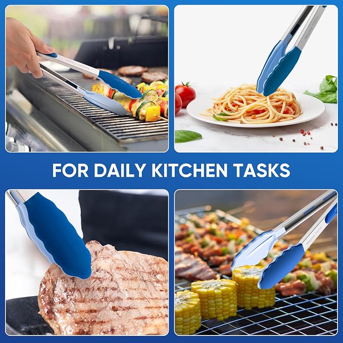 12-Inch Kitchen Tongs for Cooking with Silicone Tip,Classic Blue | 600℉ Heat-Resistant,Stainless Steel Locking Cooking Tongs Food Tongs for BBQ/Cooking/Salad/Serving Food,Heavy Duty,Non-Stick