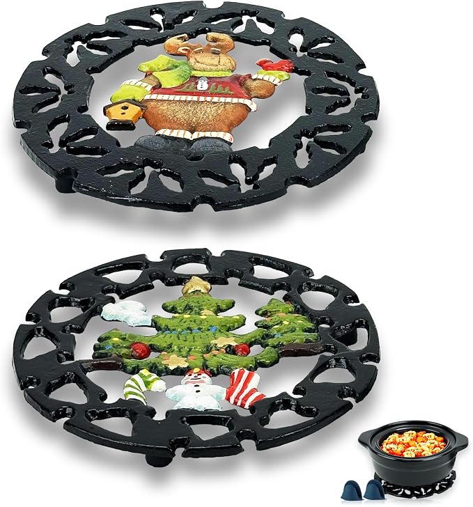Cast Iron Trivet for Hot Dishes, Metal Trivet for Hot Pots and Pans, Heavy Duty Cast Iron Pot Holder with Heat Resistant Glove, Hot Pan Holder for Kitchen & Dining Table