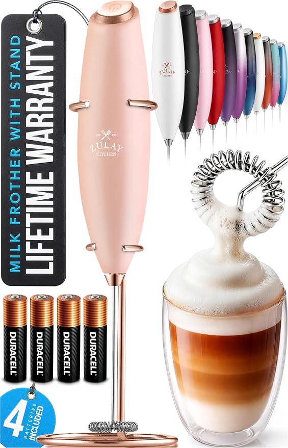 Zulay Kitchen Powerful Milk Frother Wand With Duracell Batteries - Ultra Fast Handheld Drink Mixer - Electric Whisk Foam Maker for Coffee, Lattes, Cappuccino & Matcha - Z1 Motor - Rose Peach