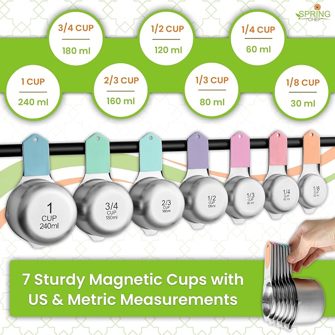Spring Chef Magnetic Measuring Cups & Spoons Set of 15, Patented, Pastel | Stackable Stainless Steel Measuring Cups & Heavy Duty Metal Measuring Spoons with Levelers for Dry & Liquid Ingredients
