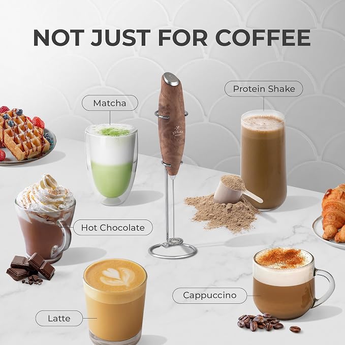Zulay Kitchen Powerful Milk Frother Wand With Duracell Batteries - Ultra Fast Handheld Drink Mixer - Electric Whisk Foam Maker for Coffee, Lattes, Cappuccino & Matcha - Z1 Motor - Walnut