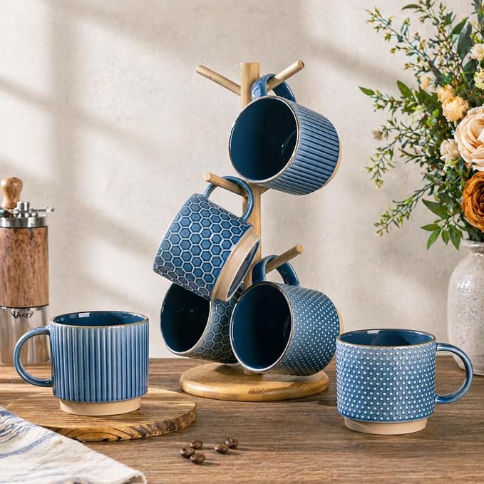 GBhome 12 OZ Stackable Coffee Mugs Set of 6, Ceramic Coffee Cups Set | 3 Assorted Designs, Embossed Mugs with Texture Patterns for Tea/Latte/Cappuccino, Dishwasher&Microwave Safe