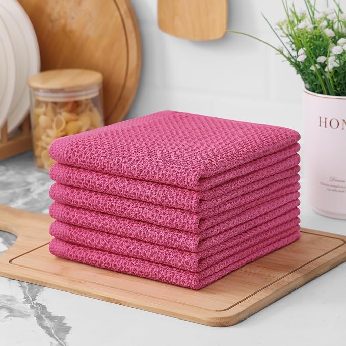 Kitinjoy 100% Cotton Waffle 8-Pack Kitchen Towels, 12" x 12", Hot Pink | Ultra Absorbent, Super Soft, lightweight, Quick Drying Dish Rags for Washing Dishes