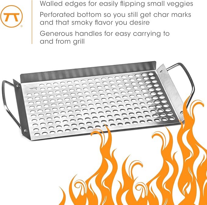 Outset 76631 Stainless Steel Grill Topper Grid, 11"x7" BBQ Pan With Handles | Stainless Steel Grill Topper | BBQ Veggie Grill Tray | Easy to Carry | Seafood Grill Tray With Holes | Infuses Flavor