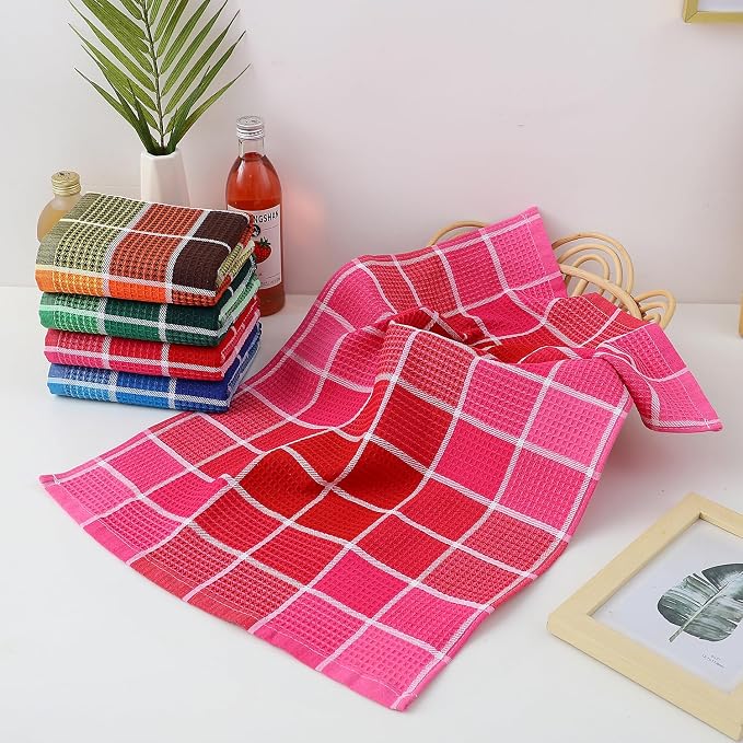 Bright Large Kitchen Towels, 4-Pack, 16 Inch x 26 Inch Buffalo Check Dish Towels for Washing Drying Dishes, Colorful Waffle Design Tea Towel Bar Towel, Buffalo