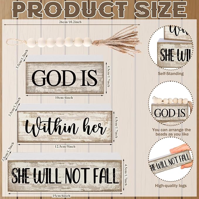 Lineshading 4 Pcs Wooden Blocks God Is Within Her Farmhouse Decor | Stacked Block Signs with Beads Tassel, Whitewash Finish, Tiered Tray Decor, Faith Gift for Women, She Will Not Fall