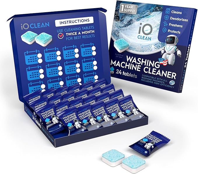 iO CLEAN Washing Machine Cleaner Descaler Tablets, 24 Count |1 Year Supply | Deep Clean Washer Cleaner Tablets for HE Front Load & Top Load – Unscented Washing Machine Descaler for Odor Control