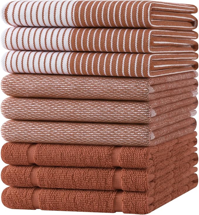 Homaxy 9 Pack Cotton Terry Premium Kitchen Towels, 18 x 28 in, Rust | Large 380 GSM Dish Towels, Highly Absorben Flat & Terry Kitchen Hand Towels, Soft Utility Tea Towel Set with Hanging Loop