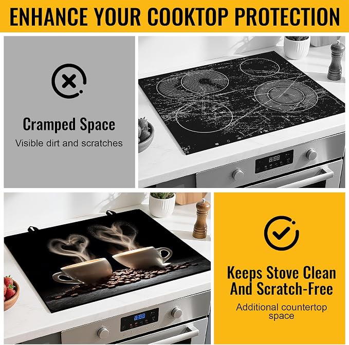 NYZE 28x20 Inch Electric Stove Top Cover - Heat Resistant Glass Flat Top Stovetop Protector Mat, Coffee Themed Dish Drying Mat & Extra Counter Space Saver for Kitchen Decor