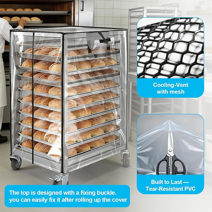 Bun Pan Sheet Rack Cover,Bread Speed Rack Cover with Zipper,Commercial Bakery Racks, 23"x28"x32"Clear PVC Waterproof Dustproof Bread rack Cover with Breathable Mesh Vent (10-Tier TPU)