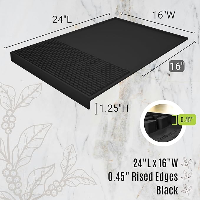 Coffee & Bar Mat For Countertop With "Edge Protection" – Espresso Machine & Coffee Maker Mat – Silicone Heat Resistant Mat – Non-Slip & BPA-Free Food Grade Mat – 16"(Front) x 24"(Length), Black