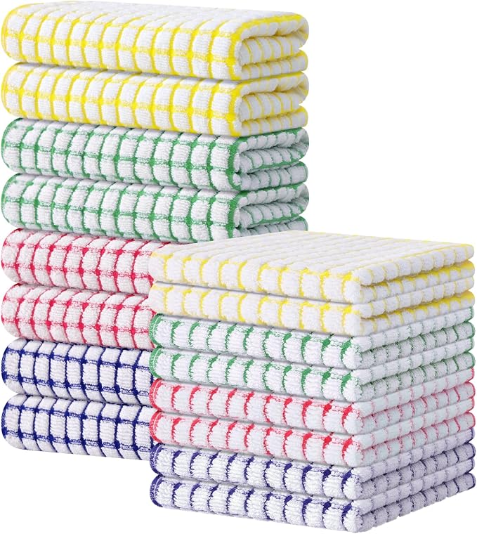 Kitinjoy Cotton 16 Pack Kitchen Towels and Dishcloths Sets, Mixed Color | 16 x 25 Inch & 12 X 12 Inch Dish Towels Bulk, Super Soft and Absorbent hand towels for kitchen Drying