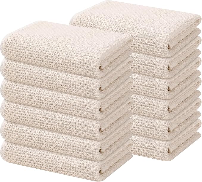 Kitinjoy 100% Cotton Waffle 12-Pack Kitchen Towels, 13" x 28", Beige | Super Soft, Ultra-Absorbent, Fast Drying, lightweight, Quick Drying Kitchen Hand Towels
