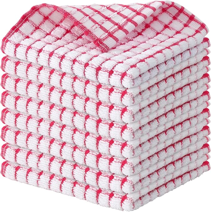Kitinjoy Cotton 8 Pack Terry Kitchen Dish Cloths, Red | 12 x 12 Inches Super Soft and Absorbent Dish Rags, Quick Drying Dish towels for Washing Dishes