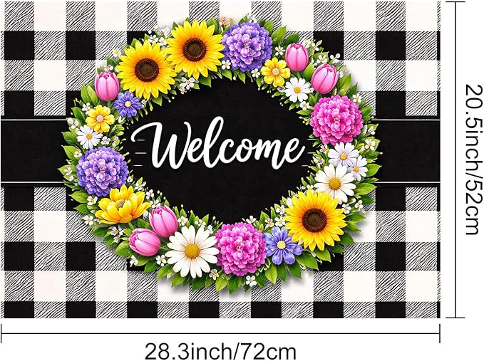 HOMETITUTE Spring Stove Top Covers for Electric Stove 28x20 Inches Welcome Floral Ring Buffalo Plaid Glass Cooktop Protector Pad Decorative Stovetop Cover Dish Drying Mats for Kitchen Decor