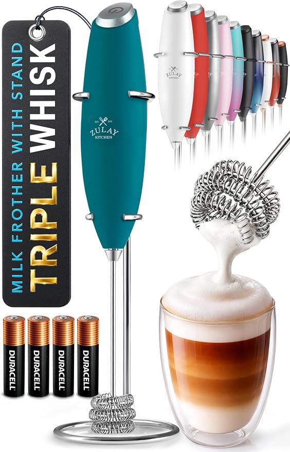 Zulay Kitchen Powerful Milk Frother Wand With Duracell Batteries - Ultra Fast Handheld Drink Mixer - Electric Whisk Foam Maker for Coffee, Lattes, Cappuccino & Matcha - Triple Whisk - Reign Emerald