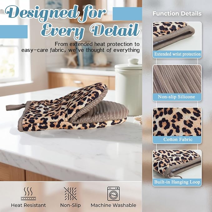 Ribbed Mini Oven Mitts 2-Pack Set, 5.5"x8.5", Leopard Printed, Heavy Duty Cotton, Non-Slip Heat Resistant Soft Silicone Oven Mitts with Hanging Loop for Cooking Kitchen Decor