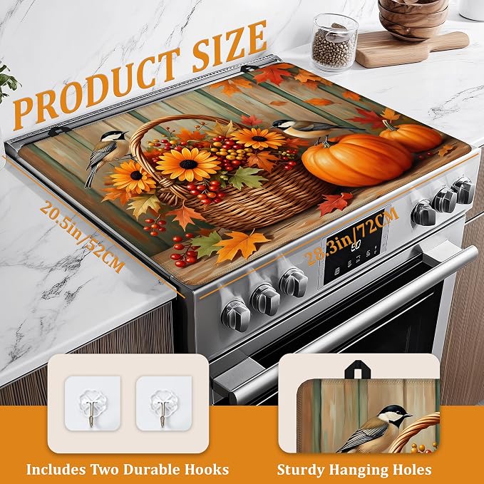 Fall Flowers Pumpkin Glass Top Stove Cover Protector,Cute Bird Stove Top Covers for Electric Stove,Washable Heat Resistant Cooktop Mat Anti-Slip Range Covers, 28 x 20 Inch