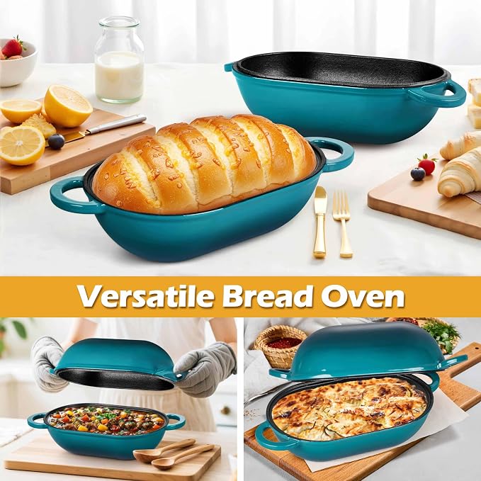 Homikit Enameled Cast Iron Dutch Oven for Bread Baking, 2.8 QT Oval Bread Oven Pot with Lid, 9.5 x 5.7 Inch Sourdough Loaf Baking Pan for Homemade Bread, Heavy Duty & Oven Safe, Dark Green