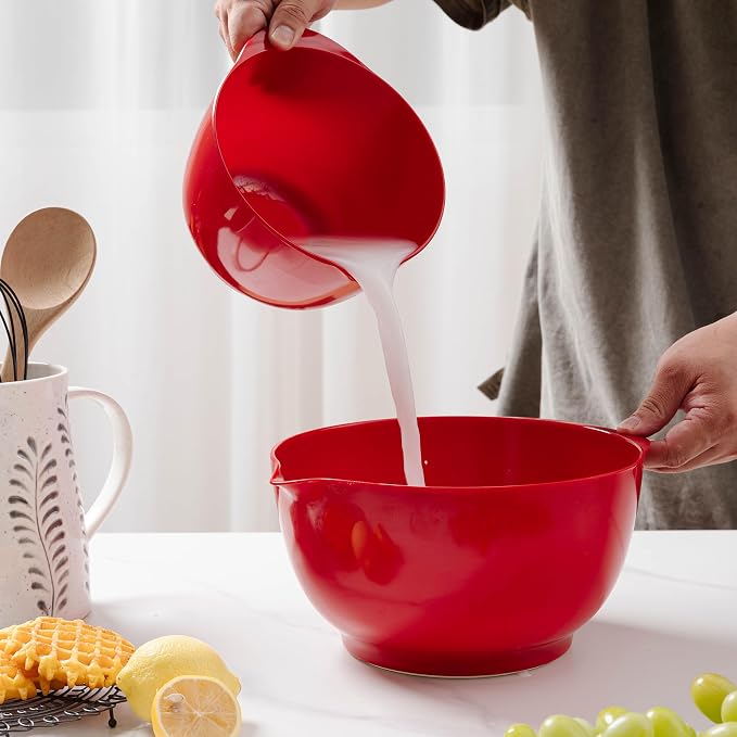 Mixing Bowls Set, 3 Piece Melamine Nesting Bowls with Pour Spout, Non-Slip Base, Great for Prepping, Baking, Mixing Cooking, BPA free and Dishwasher Safe, Red