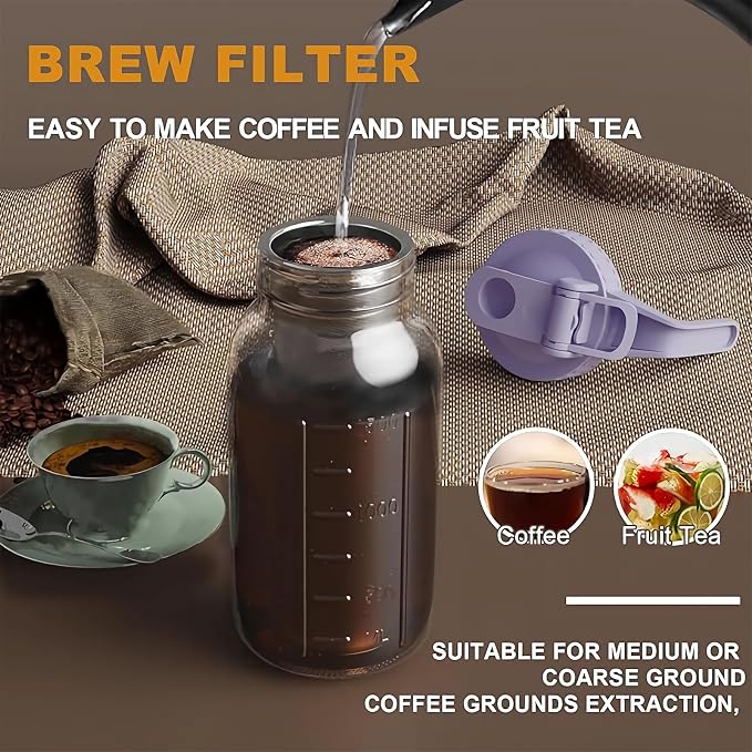 Cold Brew Coffee Maker, 64 oz Glass Mason Jar Pitcher | 100μm stainless steel filter, wide mouth design, leak-proof lid with handle, pour spout for iced coffee, tea and cold drinks