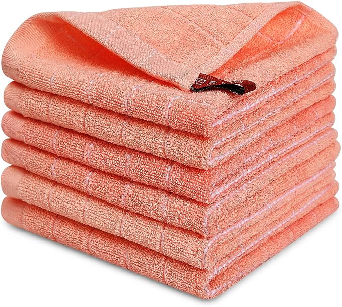 Homaxy 100% Cotton Terry Kitchen Dish Cloths, 6 Pack, Coral | Ultra Soft and Absorbent, Suitable for Drying and Washing Dishes