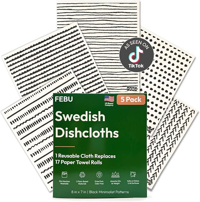Swedish Dishcloths for Kitchen | 5 Pack Black Minimalist Reusable Paper Towels Washable | Swedish Dish Towels | Non-Scratch Cellulose Sponge Cloths | No Odor, Biodegradable Cleaning Cloths