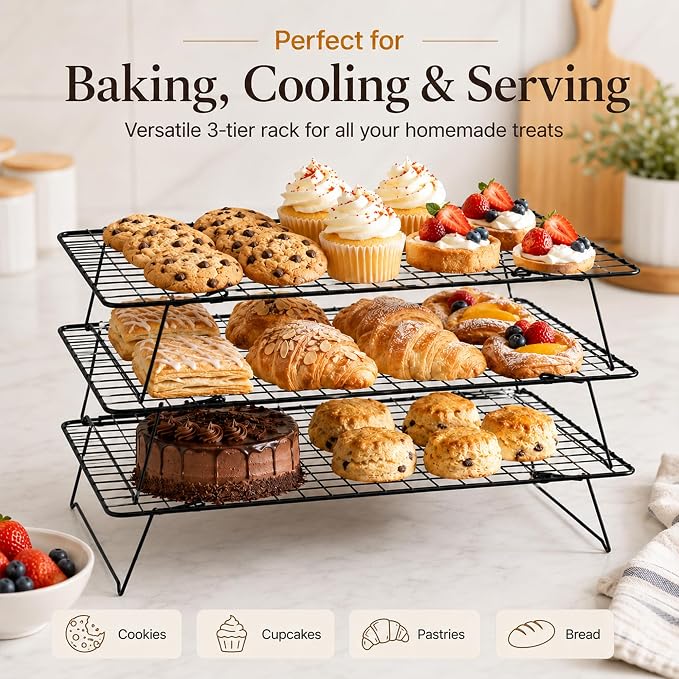 Cooling Rack 16"x10", 3-Tier Stackable & Collapsible Cooling Racks | Cooling Racks for Cooking and Baking, Roasting, Grilling, Oven & Dishwasher Safe (Black, 3-Tier)