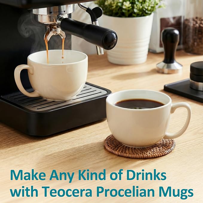 Teocera 16oz Large Coffee Mugs Set of 4 - Thick Cream Porcelain Cups for Cappuccino, Latte, Tea & Hot Chocolate - Dishwasher Safe Ceramic with Comfort Grip Handles