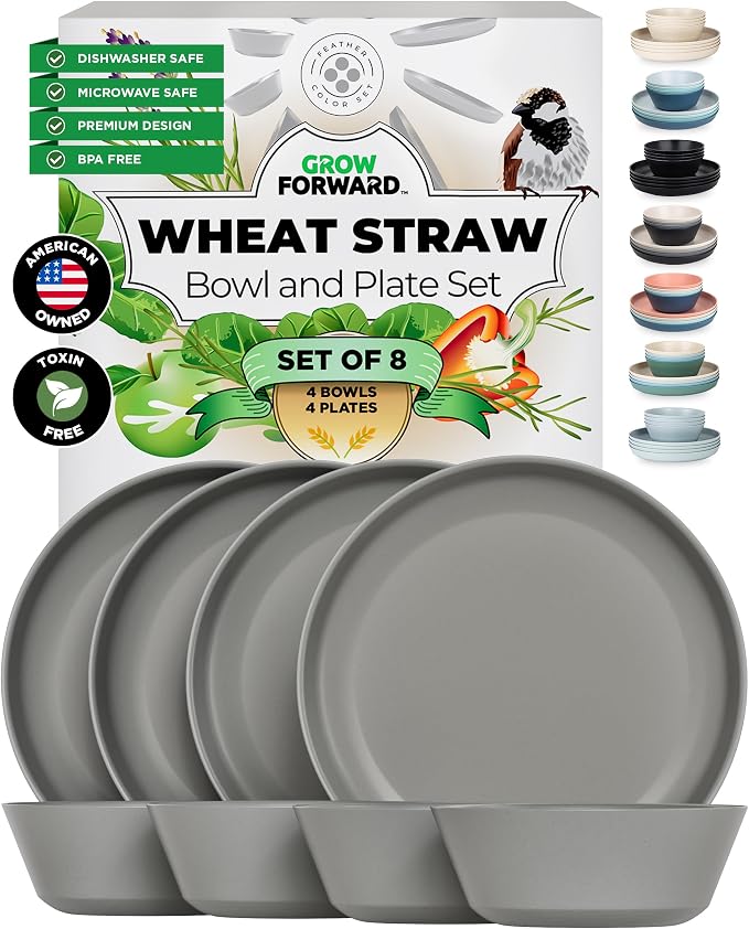 Grow Forward Premium Wheat Straw Plates and Bowls Sets - 8-Piece Wheat Straw Dinnerware Sets - Unbreakable & Reusable Microwave Safe Plastic Dinner Plates for Outdoors, RV, Camping Dishes - Feather