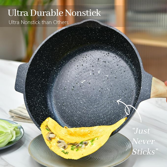 12-Inch Deep Frying Pan, Nonstick with Lid & Strainer, 6QT Granite Skillet, Induction/Gas Compatible, Includes Spatula & Sponge