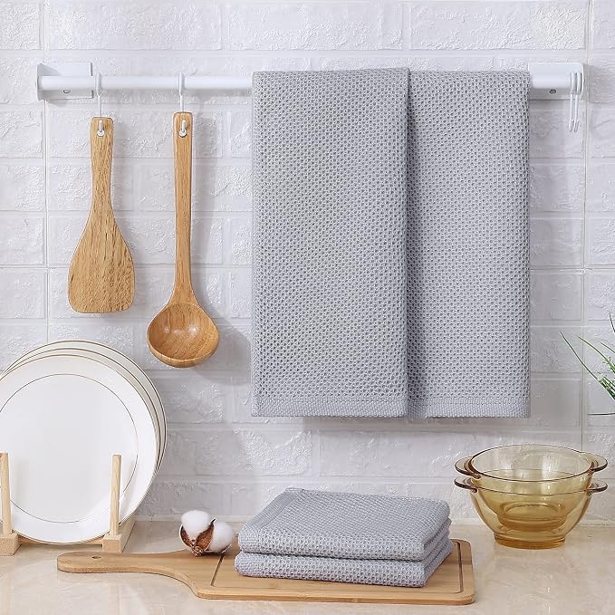 Kitinjoy 100% Cotton Waffle 4-Pack Kitchen Towels, 13" x 28", Light Grey | Super Soft, Ultra-Absorbent, Fast Drying, lightweight, Quick Drying Kitchen Hand Towels