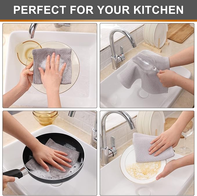 Kitinjoy 100% Cotton Waffle 6-Pack Kitchen Towels, 12" x 12", Light Grey | Ultra Absorbent, Super Soft, lightweight, Quick Drying Dish Rags for Washing Dishes