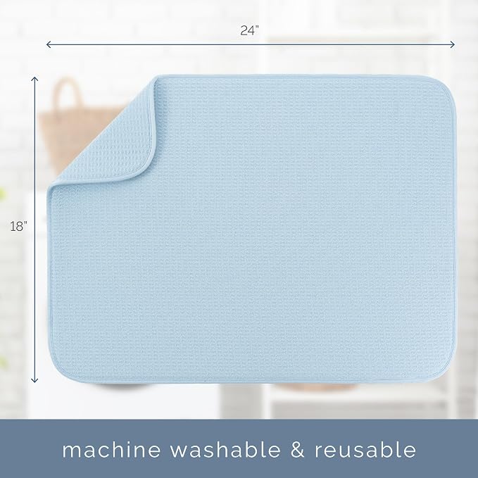 S&T INC. Dish Drying Mat, 18" x 24", XL, Sky Blue | Absorbent Microfiber, Extra Large Kitchen Counter Mat for Dishes, Utensils, Pots and Pans, Machine Washable