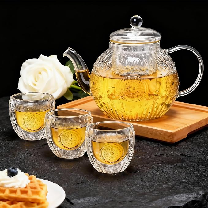 Bandesun Vintage Glass Teapot Set with 4 Cup, 32oz Borosilicate Tea Pot with Removable Infusers for Blooming and Loose Leaf Tea, Tea Warmer with Candlelight, Stovetop Safe, Gift for Women and Adults