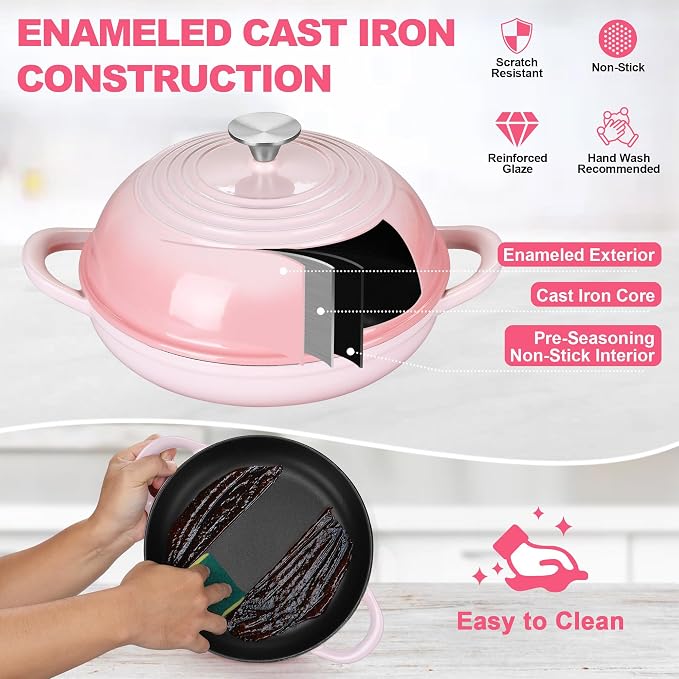 TeamFar Cast Iron Bread Dutch Oven, 6 Qt Enameled Dutch Oven Pot | for Sourdough Bread Baking, with Tall Dome Lid & Round Base Pan, Self-Basting & Even-Heating, Heavy-Duty & Non-stick, Pink