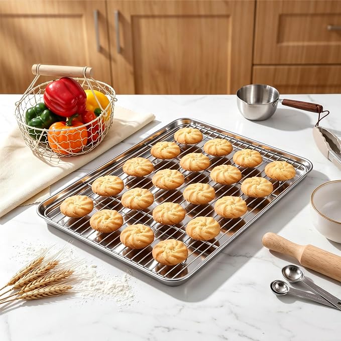 Homikit 16x12 Inches Baking Sheet with Wire Rack Set (2 Pans+2 Racks) | Stainless Steel Cookie Sheets for Baking, Metal Baking Tray Jelly Roll Pan with Cooling Racks, Oven & Dishwasher Safe
