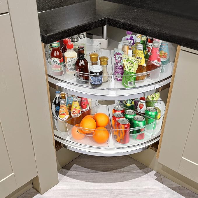 URALFA lazy susan organizer for cabinet, 1/8 Wedge, 6 Pack | Plastic Storage Containers with Non-Slip Pads, Fits 26"/28"/32" Corner, Food Safe & BPA-Free, Stackable Wedge Design