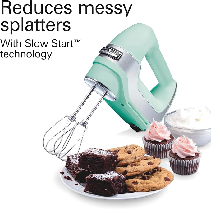 Hamilton Beach Professional 5-Speed Electric Hand Mixer with Snap-On Storage Case, QuickBurst, Stainless Steel Twisted Wire Beaters and Whisk, Mint (62658) | High-Performance DC Motor | Slow Start | Snap-On Storage Case | Stainless Steel Beaters & Whis...